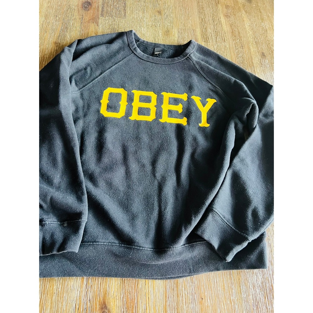 Obey Sweatshirt Mens Small Black Yellow Varsity Logo 89 Graphic Raglan USA Made